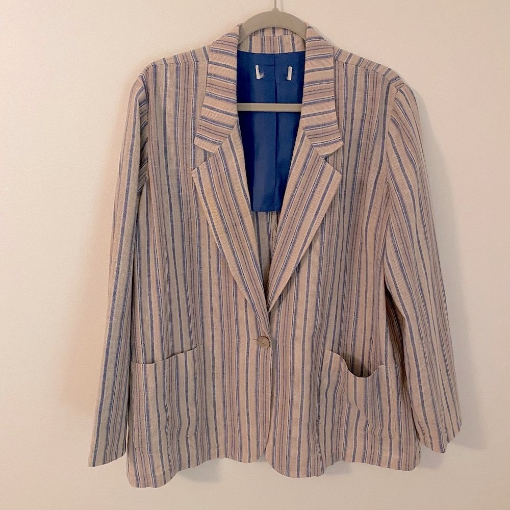 Oversized Lagenlook Blazer Linen & Cotton Blend One Button Pearlescent Closure